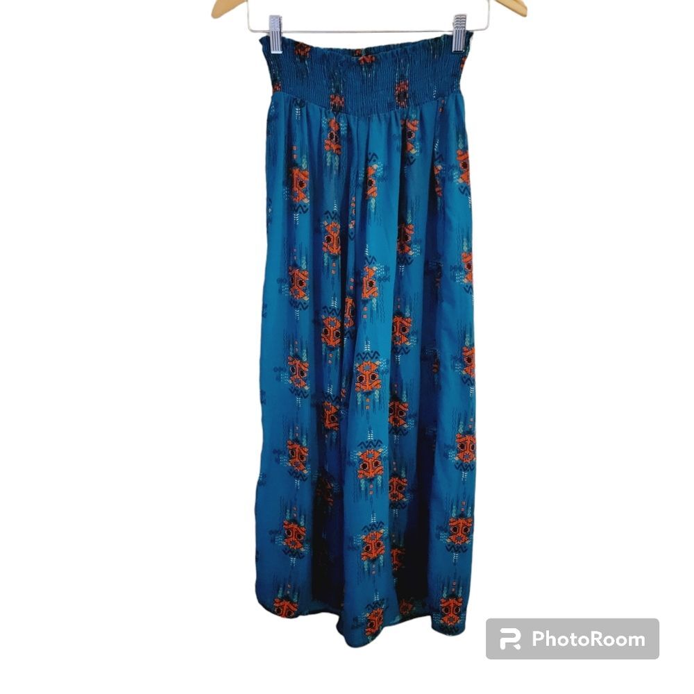 Vintage Turquoise Aztec print wide elastic waistband lose wide leg boho Fun pant